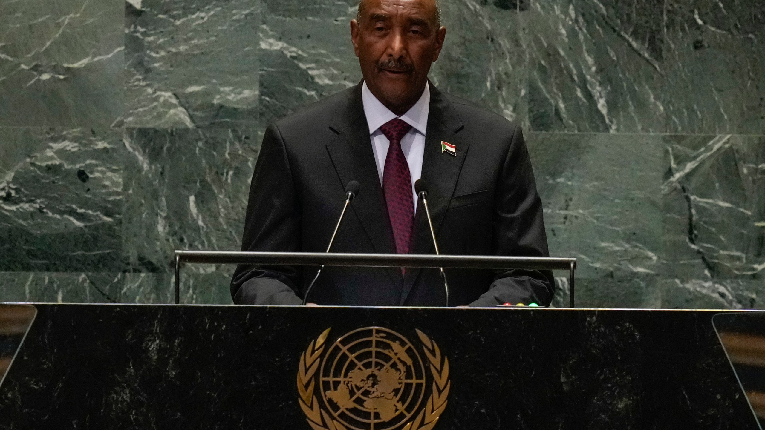 Gen. Abdel-Fattah al-Burhan, President of the Transitional Sovereign Council of Sudan, addresses the 79th session of the United Nations General Assembly, Thursday, Sept. 26, 2024, at U.N. headquarters. (AP Photo/Frank Franklin II)