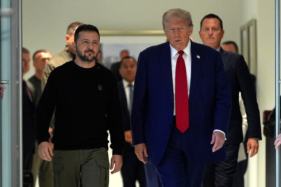 Republican presidential nominee former President Donald Trump meets with Ukraine's President Volodymyr Zelenskyy at Trump Tower, Friday, Sept. 27, 2024, in New York. (AP Photo/Julia Demaree Nikhinson)