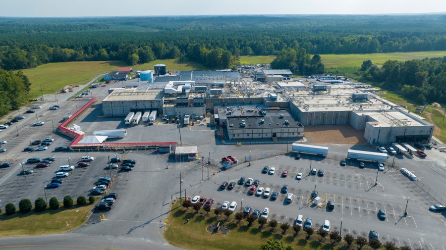 An aerial view of the Boar's Head processing plant that was tied to a deadly food poisoning outbreak Thursday Aug. 29, 2024, in Jarratt, Va. (AP Photo/Steve Helber)