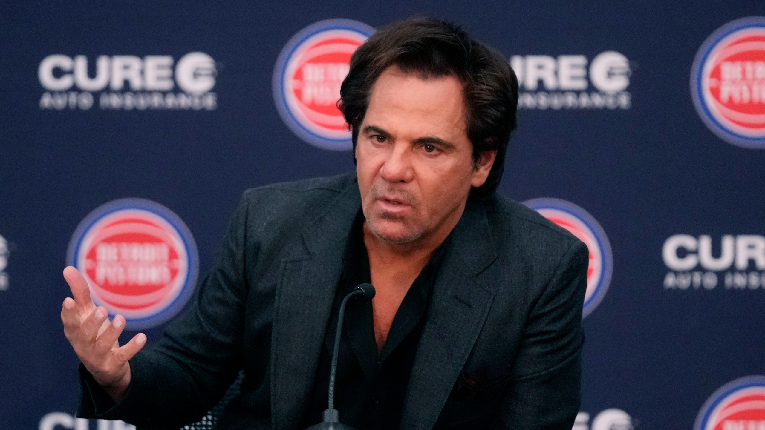 FILE - Detroit Pistons owner Tom Gores addresses the media after Monty Williams was introduced as the team's new head basketball coach during a news conference, June 13, 2023, in Detroit. (AP Photo/Carlos Osorio, File)