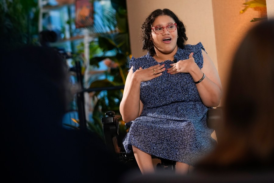 Daphne Frias speaks during an event at United Nations headquarters, Thursday, Sept. 26, 2024. (AP Photo/Seth Wenig)