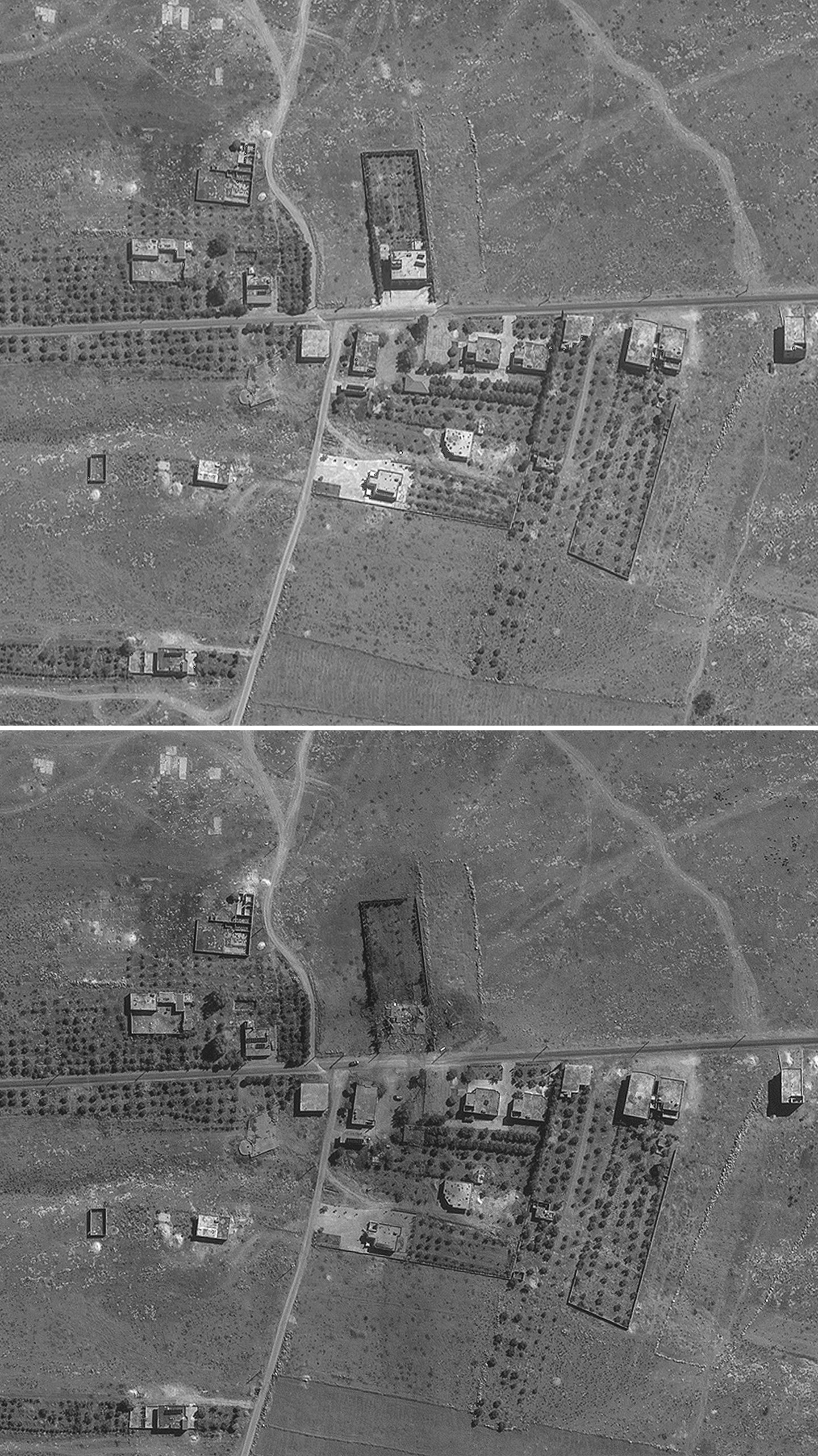 In this combination of the satellite images released by Maxar Technologies shows a view of northern Lebanon, on Aug. 9, 2024, before airstrikes, top, and on Sept. 26, 2024, after airstrikes. (Satellite image ©2024 Maxar Technologies via AP)