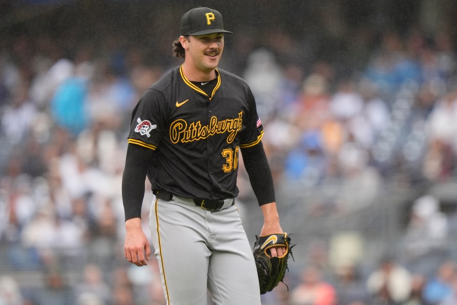 Pittsburgh Pirates' Paul Skenes smiles after the second inning of a baseball game against the New York Yankees, Saturday, Sept. 28, 2024, in New York. (AP Photo/Frank Franklin II)