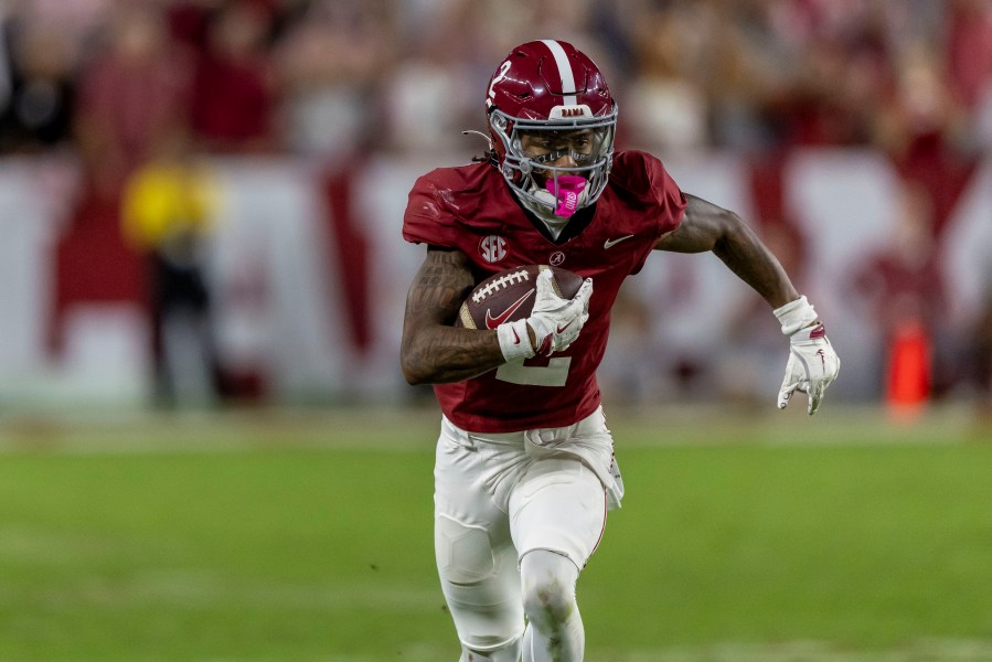 Alabama wide receiver Ryan Williams (2) grabs a pass and turns to run to the end zone for a 75-yard touchdown against Georgia during the second half of an NCAA college football game against Georgia, Saturday, Sept. 28, 2024, in Tuscaloosa, Ala. (AP Photo/Vasha Hunt)