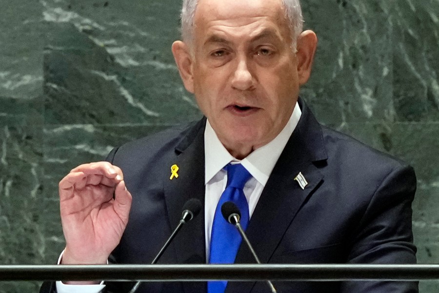 Israel Prime Minister Benjamin Netanyahu addresses the 79th session of the United Nations General Assembly, Friday, Sept. 27, 2024. (AP Photo/Richard Drew)