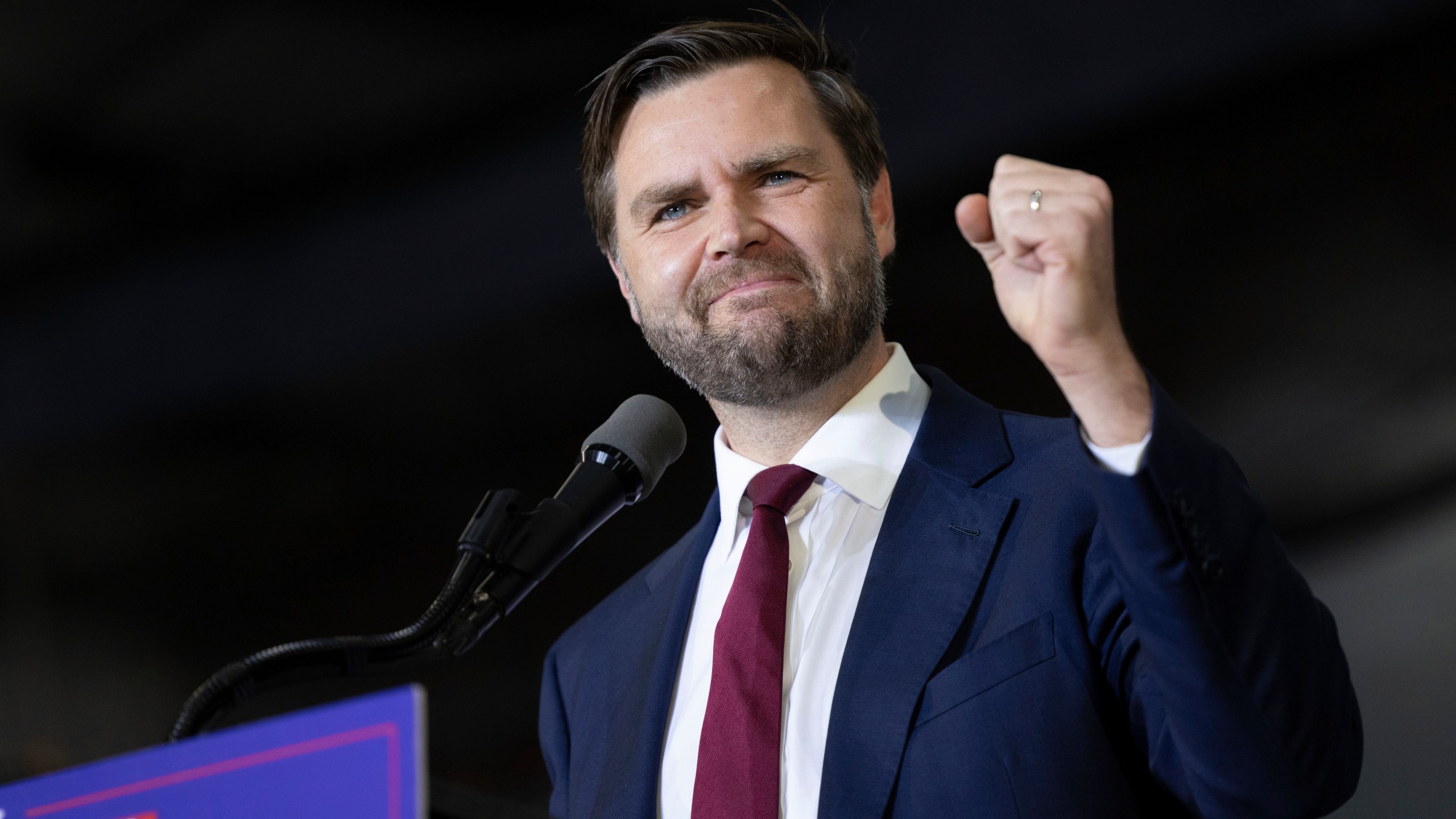 Republican vice presidential nominee Sen. JD Vance, R-Ohio, speaks during a campaign rally Saturday, Sept. 28, 2024, in Newtown, Pa. (AP Photo/Laurence Kesterson)