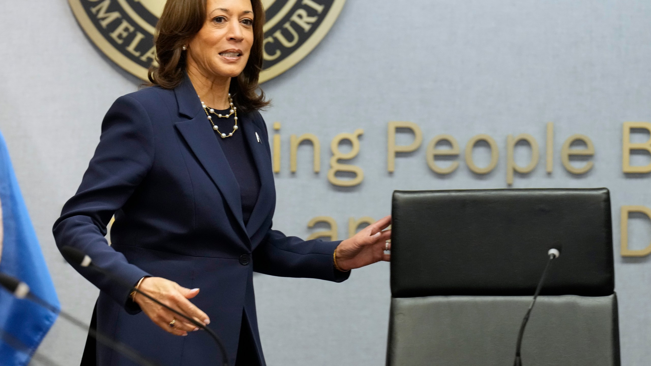 Democratic presidential nominee Vice President Kamala Harris attends a briefing at FEMA headquarters, Monday, Sept. 30, 2024, in Washington, on recovery and assistance efforts after Hurricane Helene. (AP Photo/Jacquelyn Martin)