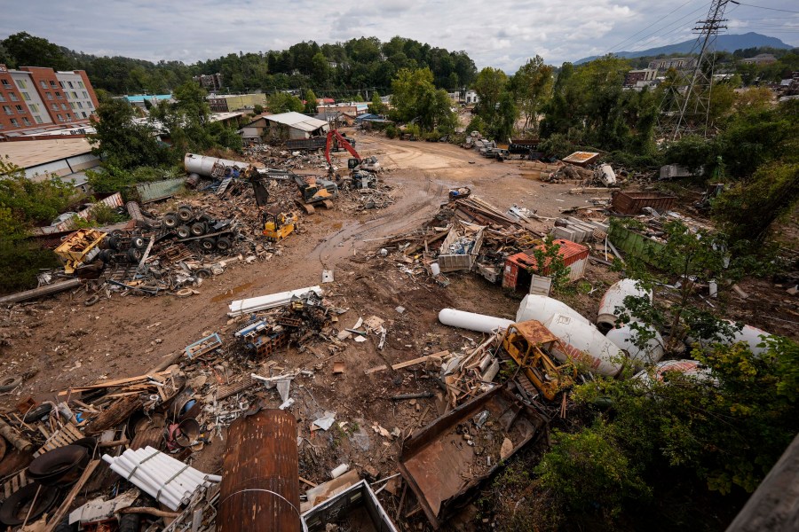 Debris is seen in the aftermath of Hurricane Helene, Monday, Sept. 30, 2024, in Asheville, N.C. (AP Photo/Mike Stewart)