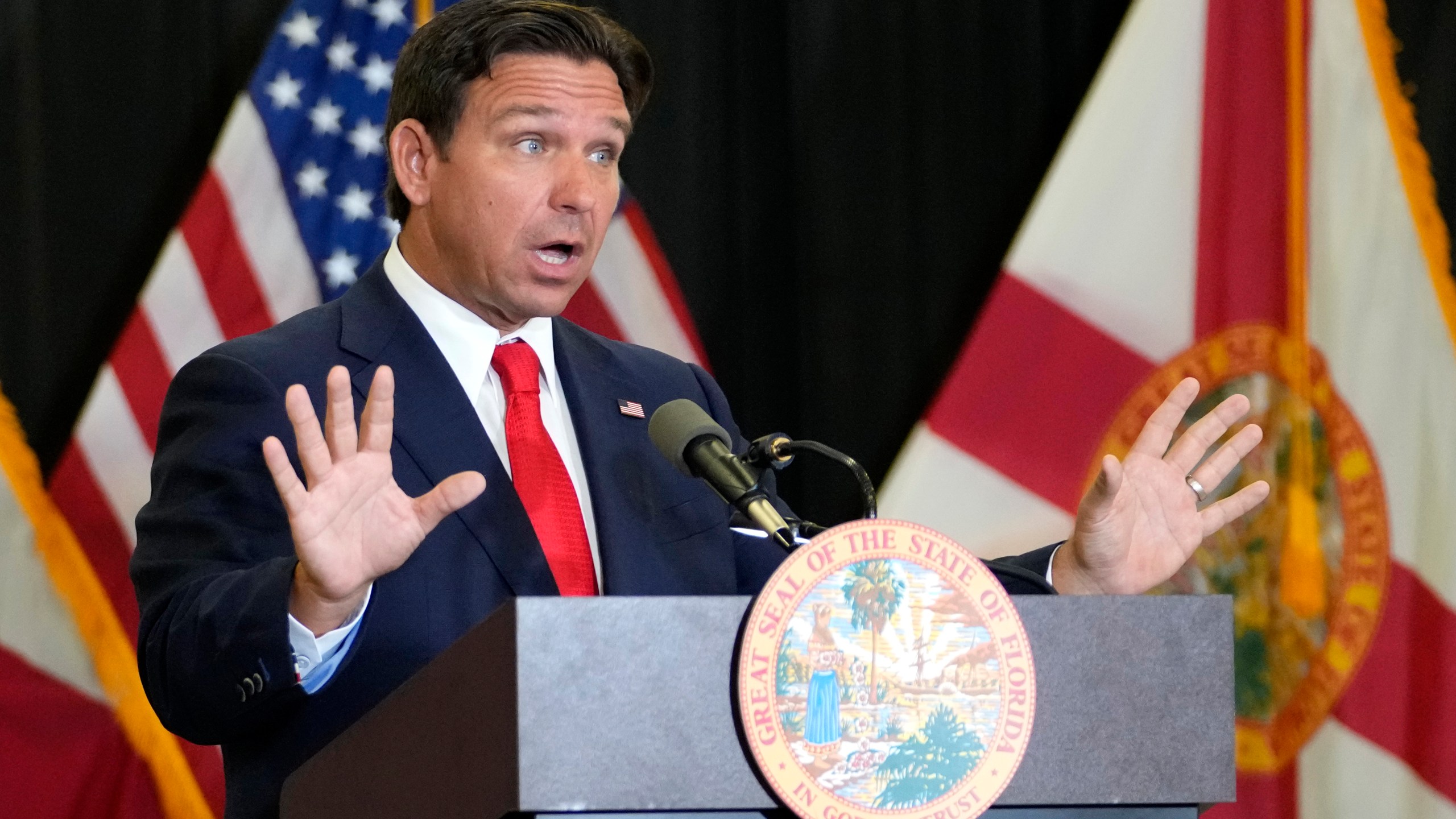 Florida Gov. Ron DeSantis speaks during a news conference Sept. 17, 2024, in West Palm Beach, Fla.