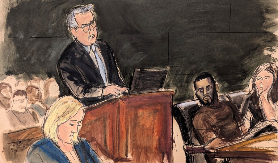 In a courtroom drawing, Marc Agnifilo, attorney for Sean "Diddy" Combs, argues for bail.