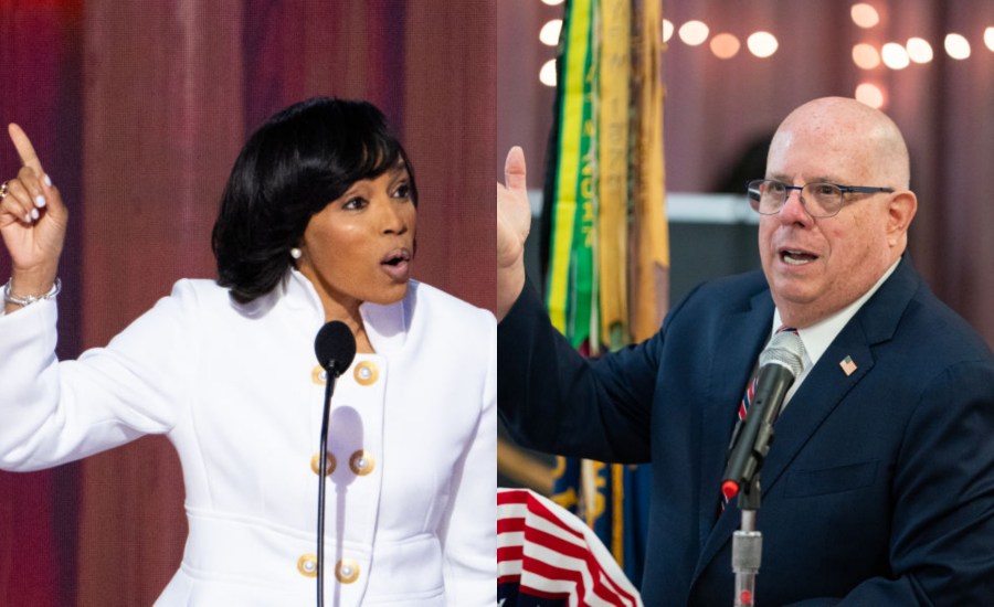 On the left Democratic candidate for Maryland's U.S. Senate seat Angela Alsobrooks. On the right, Republican candidate for Senate Larry Hogan.