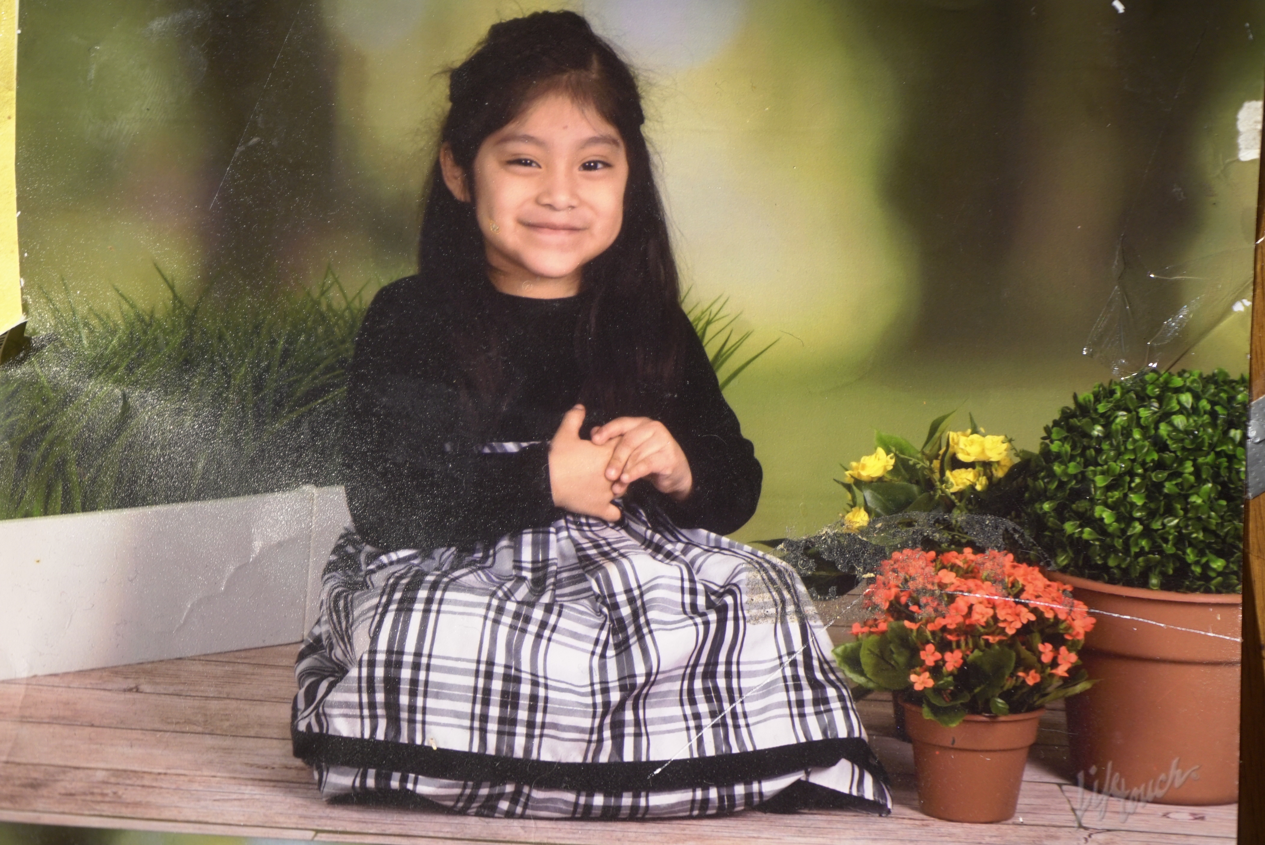 A young girl in a dress with a plaid skirt.