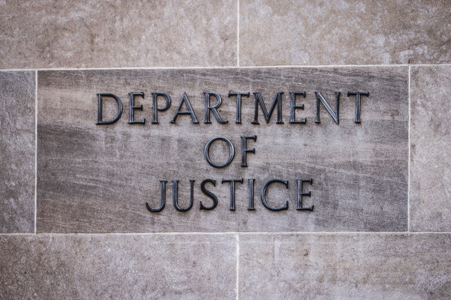 Department of Justice inscription is seen on at the headquarters building in Washington, D.C.,