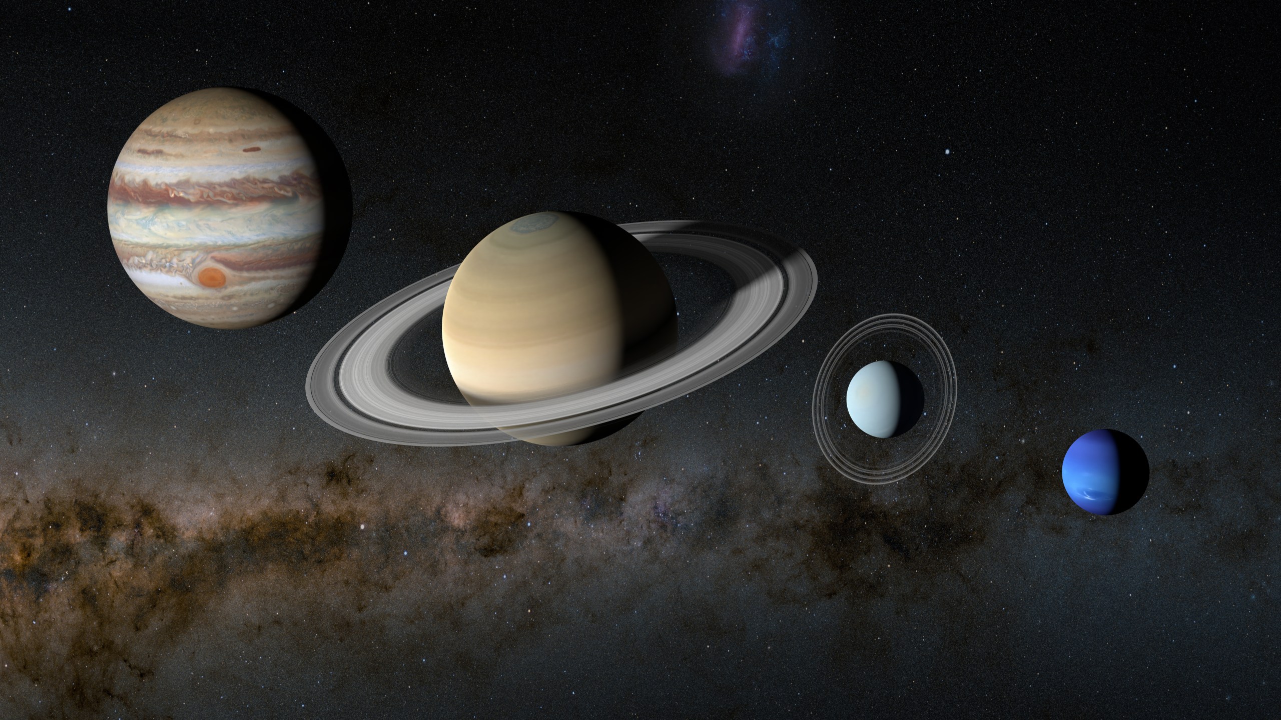 Illustration of the four gas planets of the Solar System: Jupiter, Saturn, Uranus and Neptune.