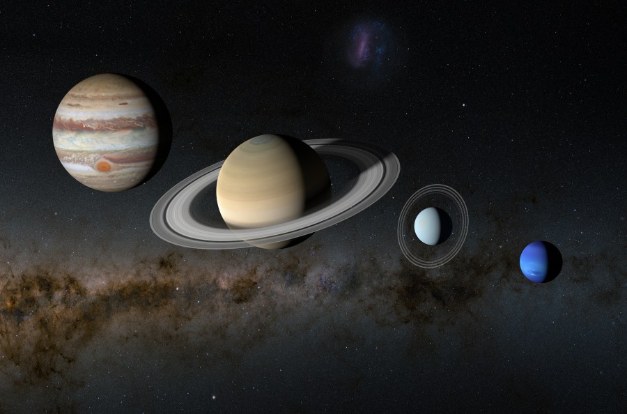 Illustration of the four gas planets of the Solar System: Jupiter, Saturn, Uranus and Neptune.