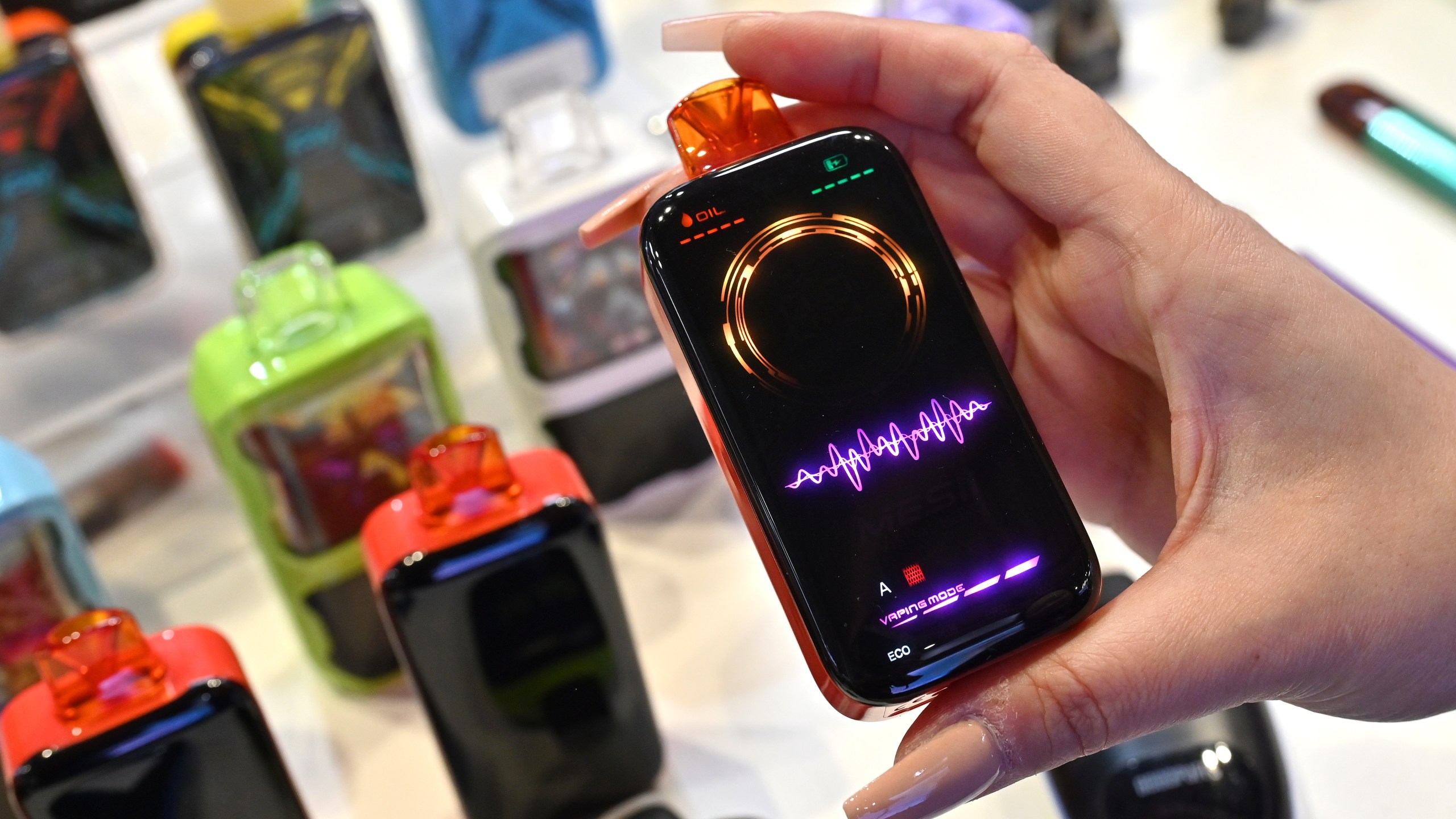 A Pking vape with a digital smart screen is displayed during the VAPER EXPO 2024 at the National Exhibition Centre (The NEC) on May 10, 2024 in Birmingham, England.