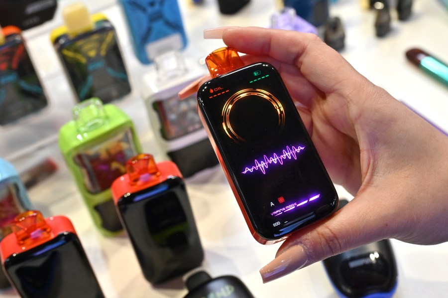 A Pking vape with a digital smart screen is displayed during the VAPER EXPO 2024 at the National Exhibition Centre (The NEC) on May 10, 2024 in Birmingham, England.