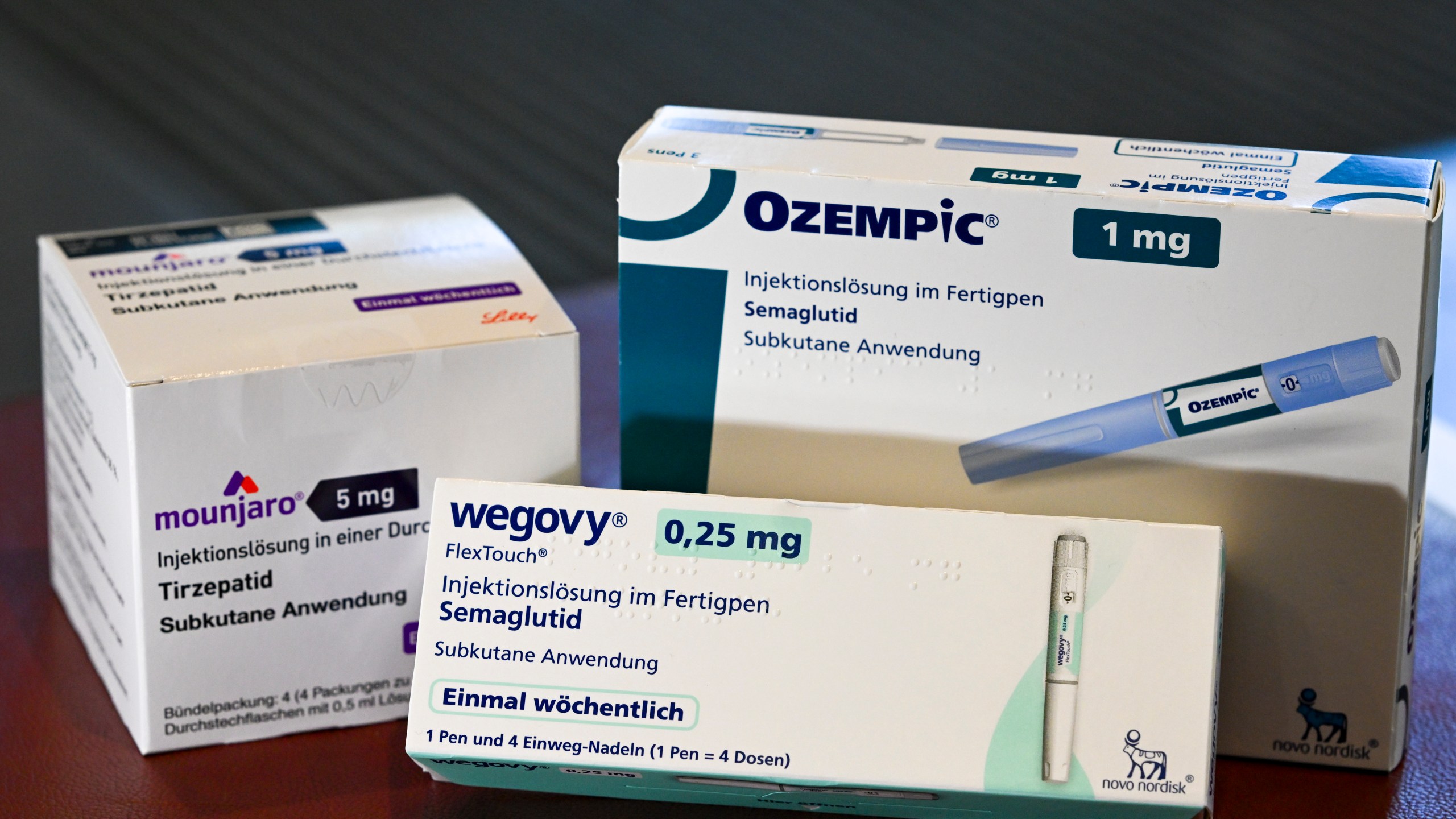 Boxes of Wegovy, Ozempic and Mounjaro.