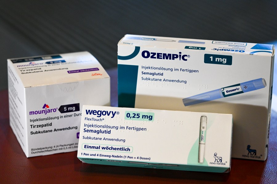 Boxes of Wegovy, Ozempic and Mounjaro.