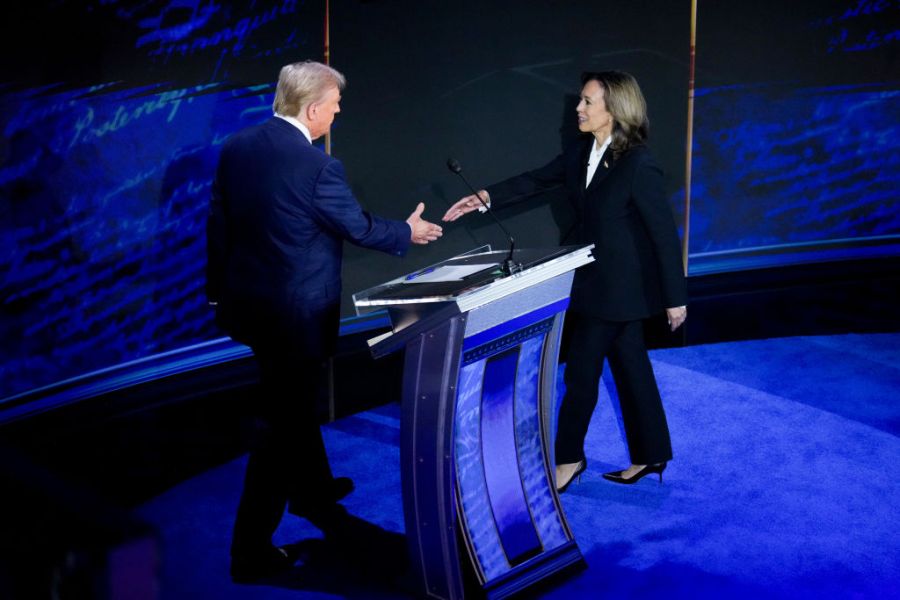 US Vice President Kamala Harris and former US President Donald Trump shake hands at their first debate.