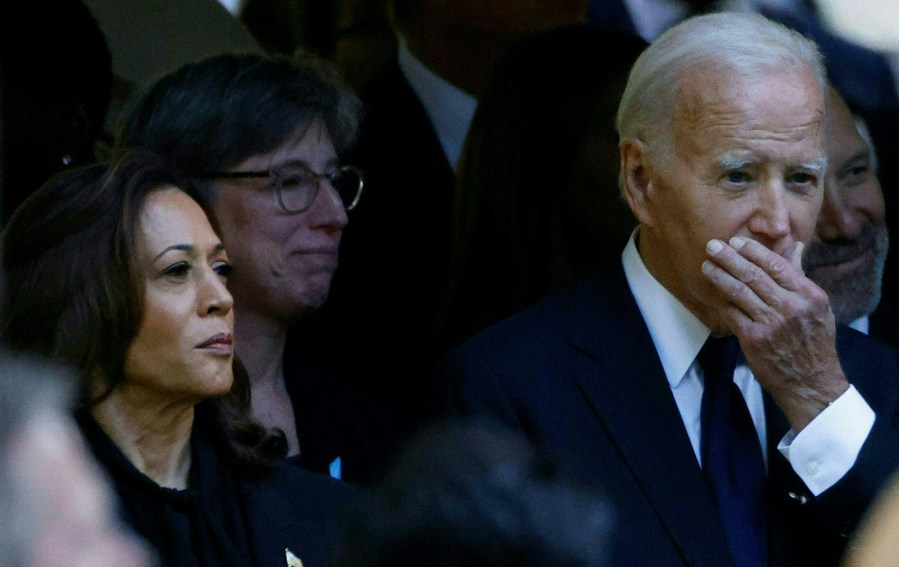 US President Joe Biden and US Vice President Kamala Harris attend a remembrance ceremony on the 23rd anniversary of the September 11 terror attack on the World Trade Center at Ground Zero, in New York City on September 11, 2024.