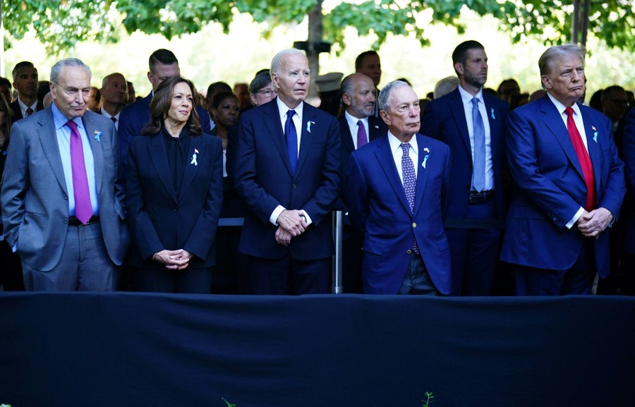 (L to R) Senate Majority Leader Chuck Schumer (D-NY), US Vice President and Democratic presidential candidate Kamala Harris, US President Joe Biden, former Mayor of New York Michael Bloomberg and former US President and Republican presidential candidate Donald Trump attend a remembrance ceremony on the 23rd anniversary of the September 11 terror attack on the World Trade Center at Ground Zero, in New York City on September 11, 2024. 