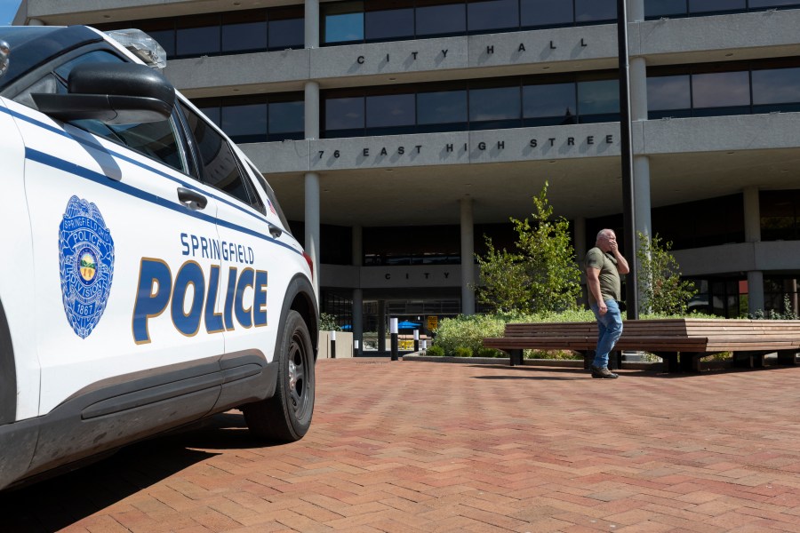 A man walks past the Springfield City Hall after bomb threats were made against buildings earlier in the day in Springfield, Ohio on September 12, 2024.