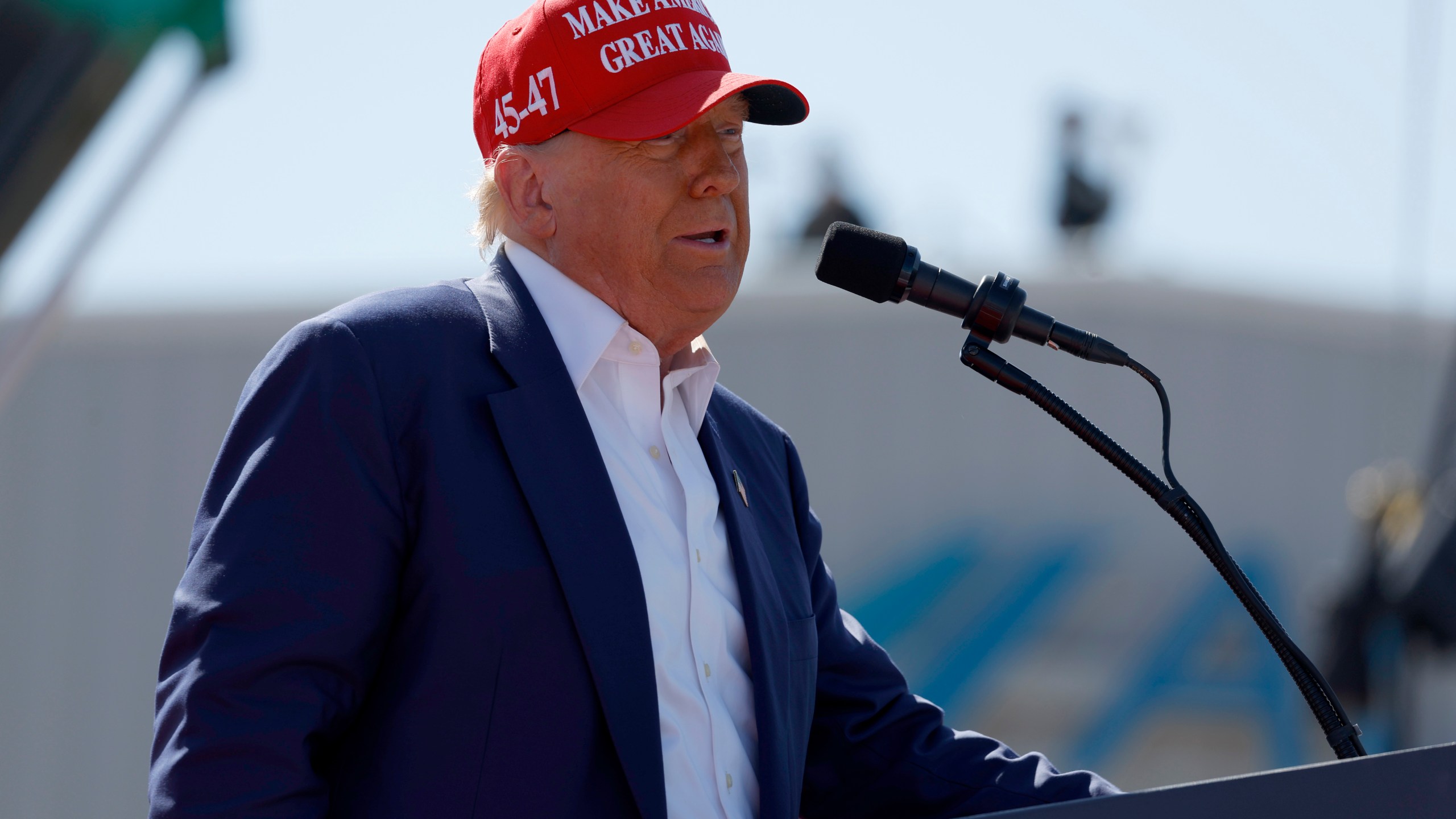 Donald Trump speaks at a rally at the Aero Center Wilmington on September 21, 2024 in Wilmington, North Carolina.