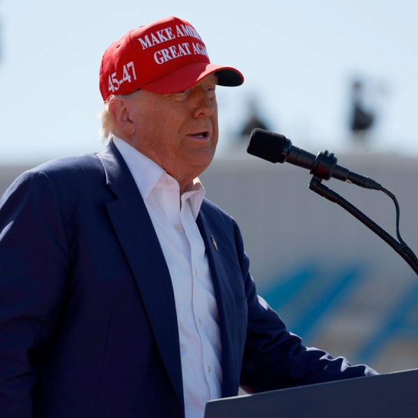 Donald Trump speaks at a rally at the Aero Center Wilmington on September 21, 2024 in Wilmington, North Carolina.