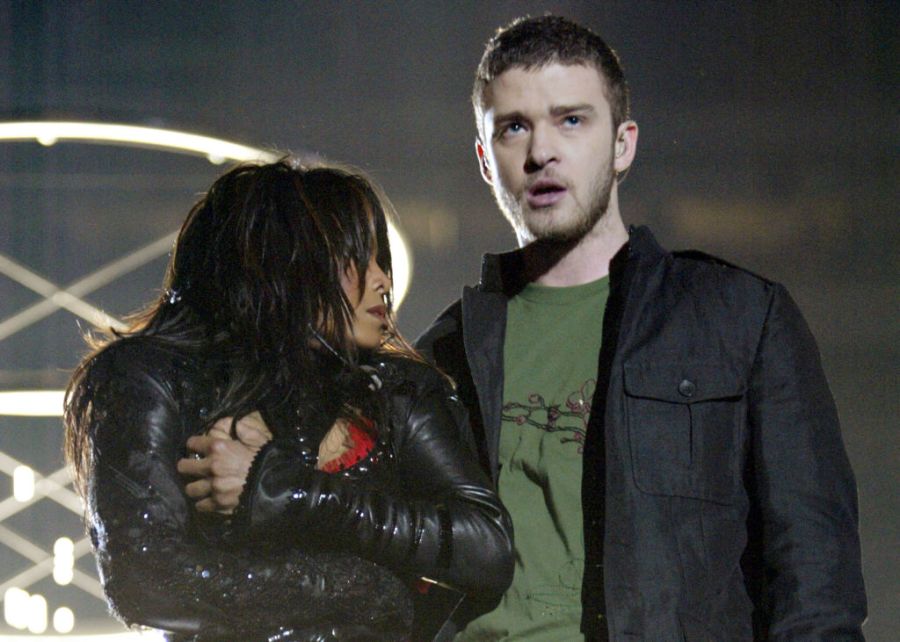 Janet Jackson and Justin Timberlake perform during the halftime show at Super Bowl XXXVIII.