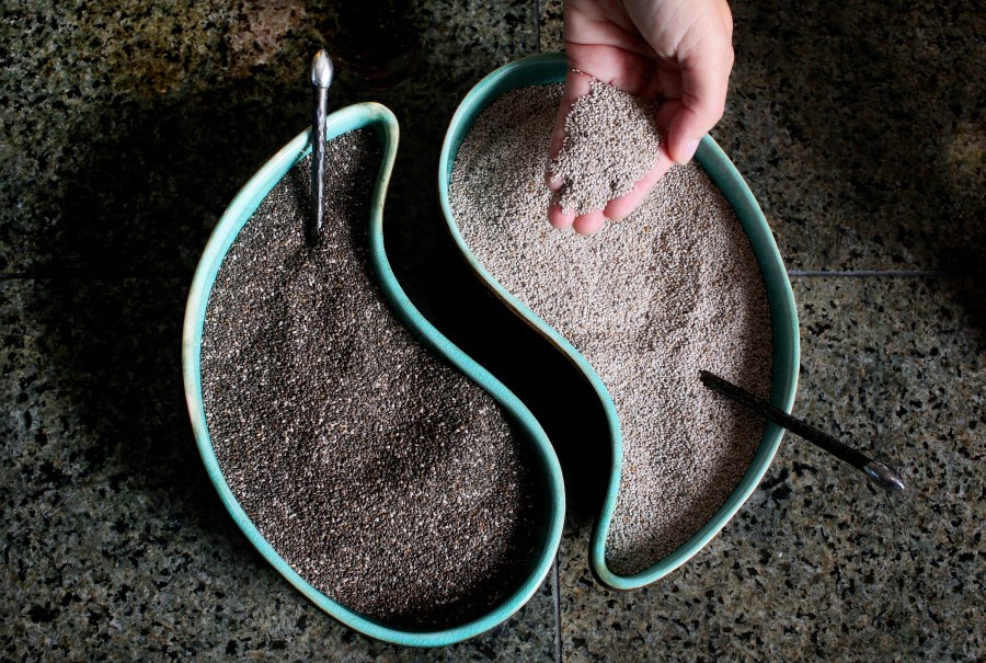 Black and White Chia seeds sit in dishes