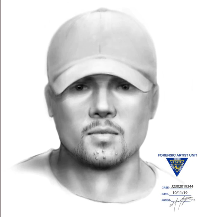 A sketch of a man in a baseball cap with a goatee.