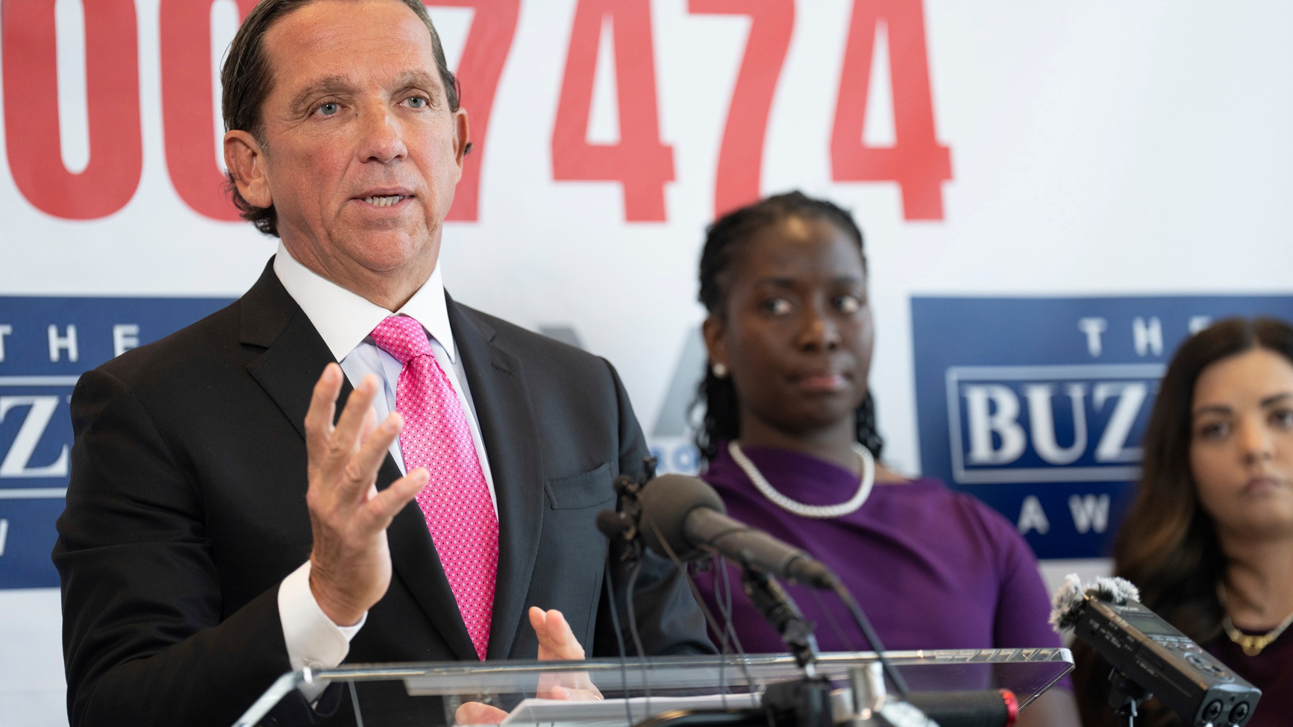 Houston lawyer Tony Buzbee holds a news conference at his office announcing that he's representing 120 accusers who have come forward with sexual misconduct allegations against Sean “Diddy” Combs, the hip-hop mogul who is awaiting trial on sex trafficking charges, Tuesday, Oct. 1, 2024, in Houston. (Elizabeth Conley/Houston Chronicle via AP)