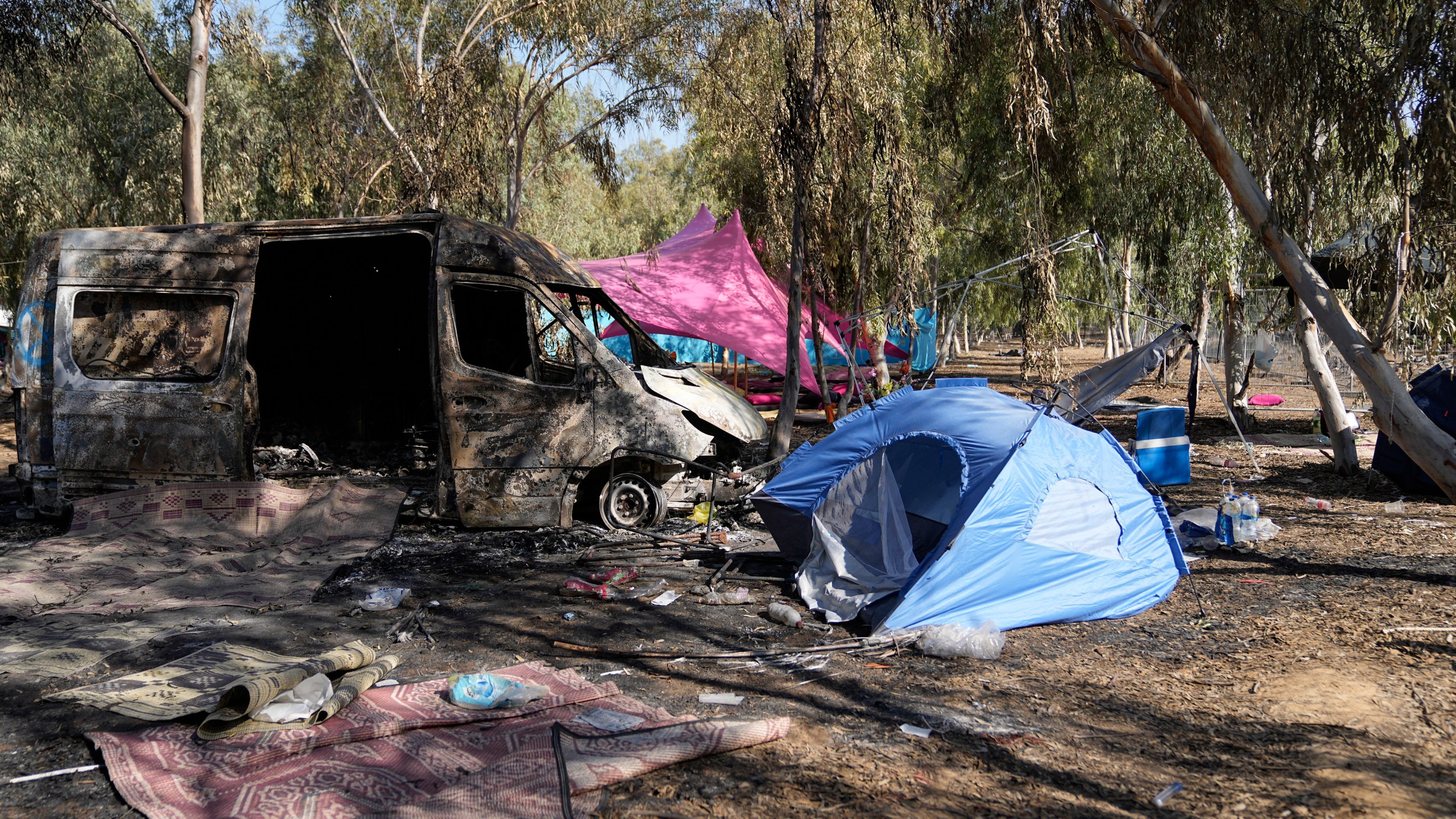 FILE - The site of the Nova music festival where revelers were killed and kidnapped on Oct. 7, 2023, during a cross-border attack by Hamas militants near Kibbitz Reim, southern Israel, Oct. 12. (AP Photo/Ohad Zwigenberg, File)