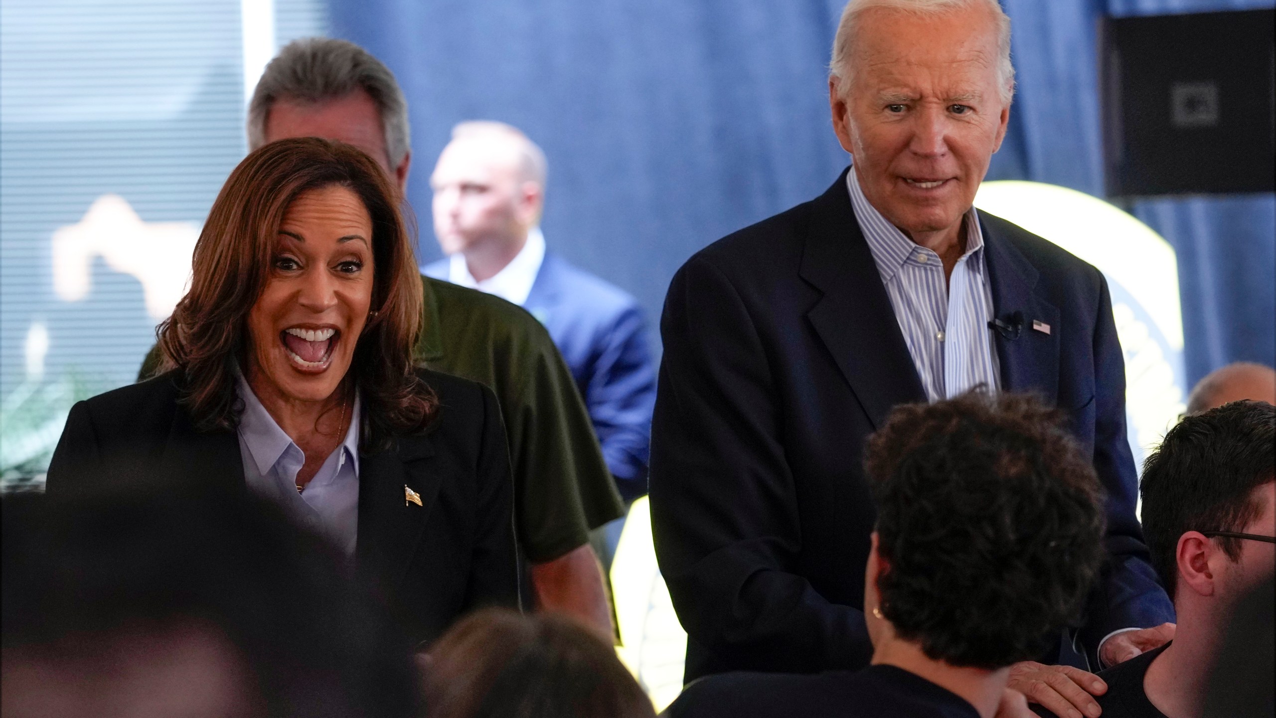 FILE - President Joe Biden, right, and Democratic presidential nominee Vice President Kamala Harris campaign at the IBEW Local Union #5 union hall in Pittsburgh, on Labor Day, Sept. 2, 2024. (AP Photo/Susan Walsh, File)