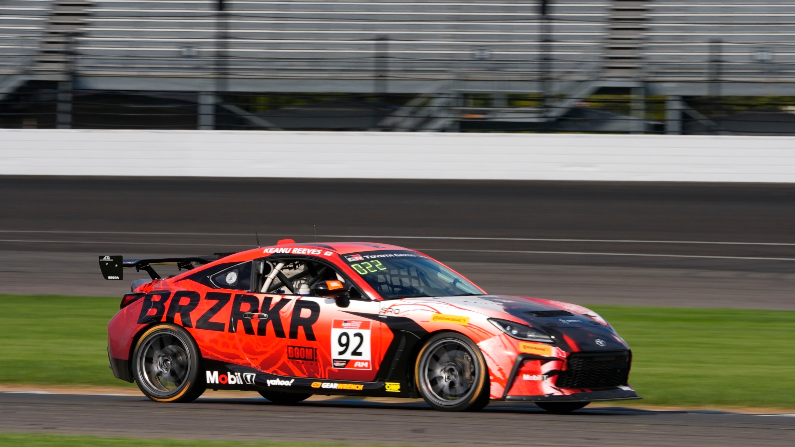 Keanu Reeves drives during the GR Cup Series auto race at Indianapolis Motor Speedway, Saturday, Oct. 5, 2024, in Indianapolis. (AP Photo/Darron Cummings)