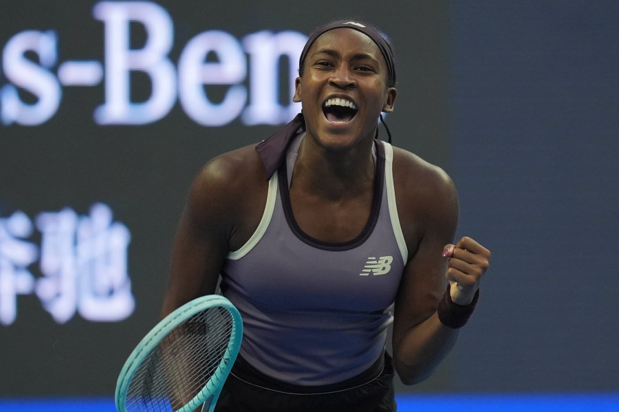 Coco Gauff of the United States celebrates after defeating Paula Badosa of Spain in a women's singles semi-final match for the China Open tennis tournament held at the National Tennis Center in Beijing, Saturday, Oct. 5, 2024. (AP Photo/Ng Han Guan)