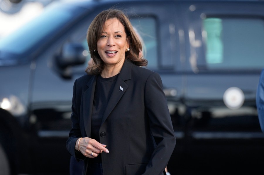 Democratic presidential nominee Vice President Kamala Harris arrives at Charlotte Douglas International Airport, Saturday, October 5, 2024, in Charlotte, N.C., for a briefing on the damage from Hurricane Helene. (AP Photo/Chris Carlson)