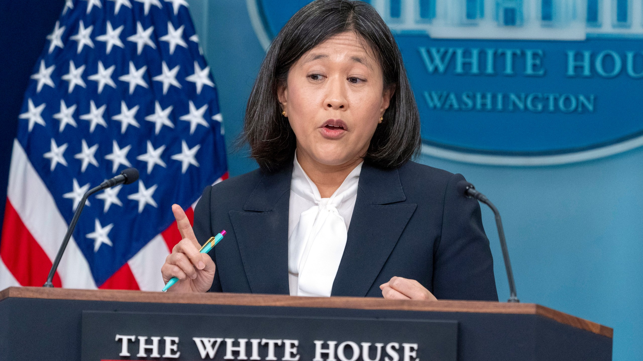 FILE - U.S. Trade Representative Katherine Tai speaks with reporters in the James Brady Press Briefing Room at the White House, May 14, 2024, in Washington. (AP Photo/Alex Brandon, File)