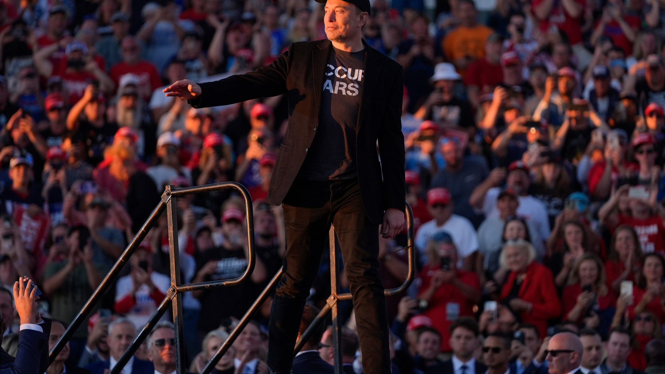 Elon Musk walks onto stage as Republican presidential nominee former President Donald Trump speaks at a campaign rally at the Butler Farm Show, Saturday, Oct. 5, 2024, in Butler, Pa. (AP Photo/Evan Vucci)