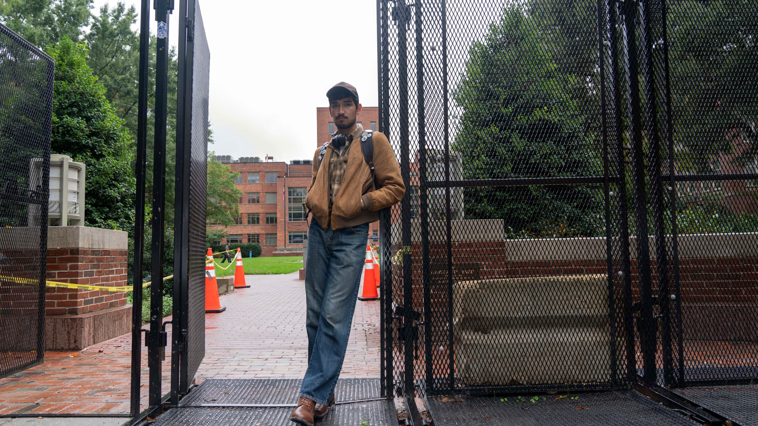 George Washington University student Ty Lindia poses for a photograph at the site of last spring's students tent encampment at George Washington University Yard in Washington, Wednesday, Oct. 2, 2024. (AP Photo/Jose Luis Magana)