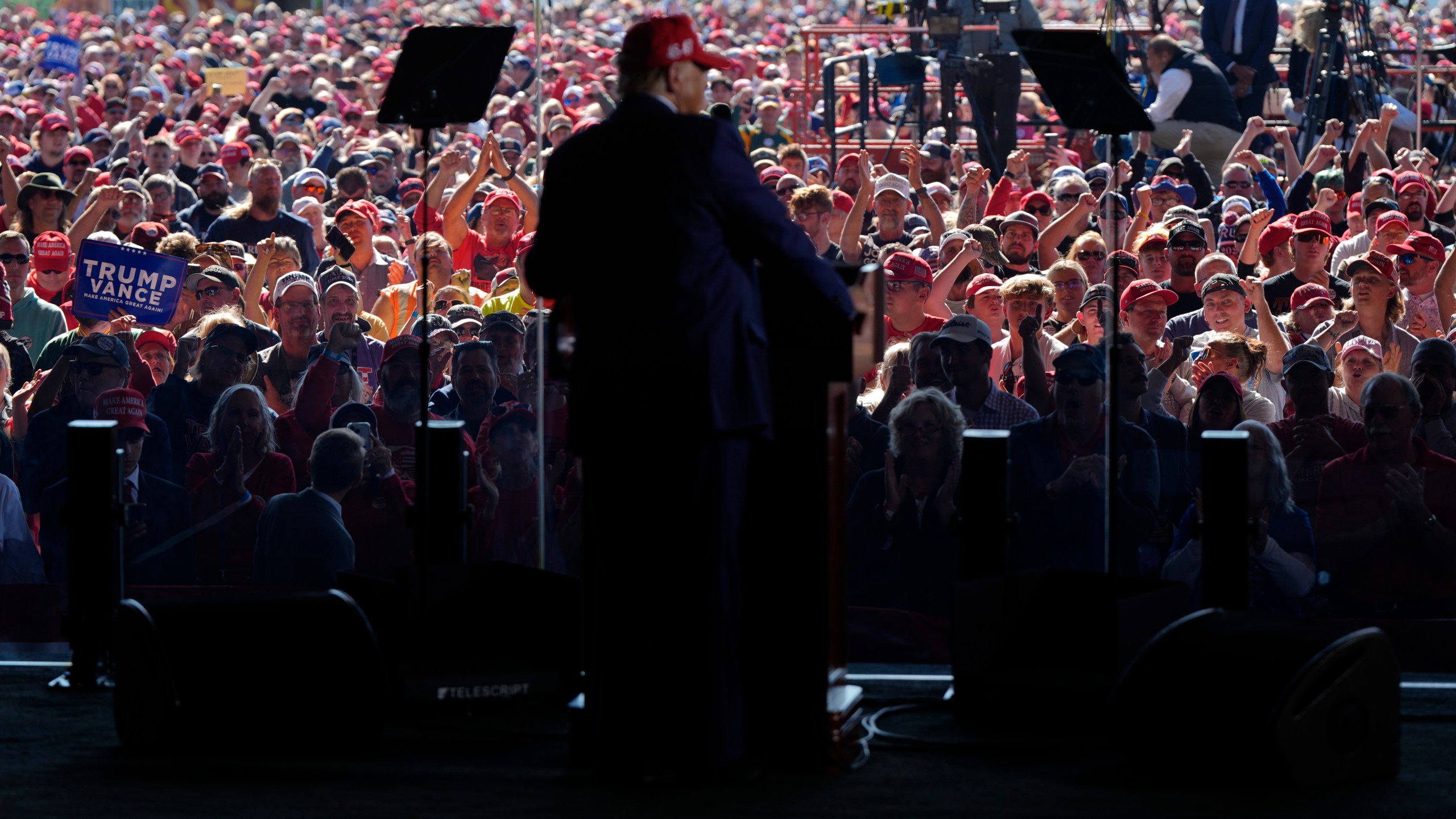 Republican presidential nominee former President Donald Trump speaks during a campaign rally at Dodge County Airport, Sunday, Oct. 6, 2024, in Juneau, Wis. (AP Photo/Julia Demaree Nikhinson)