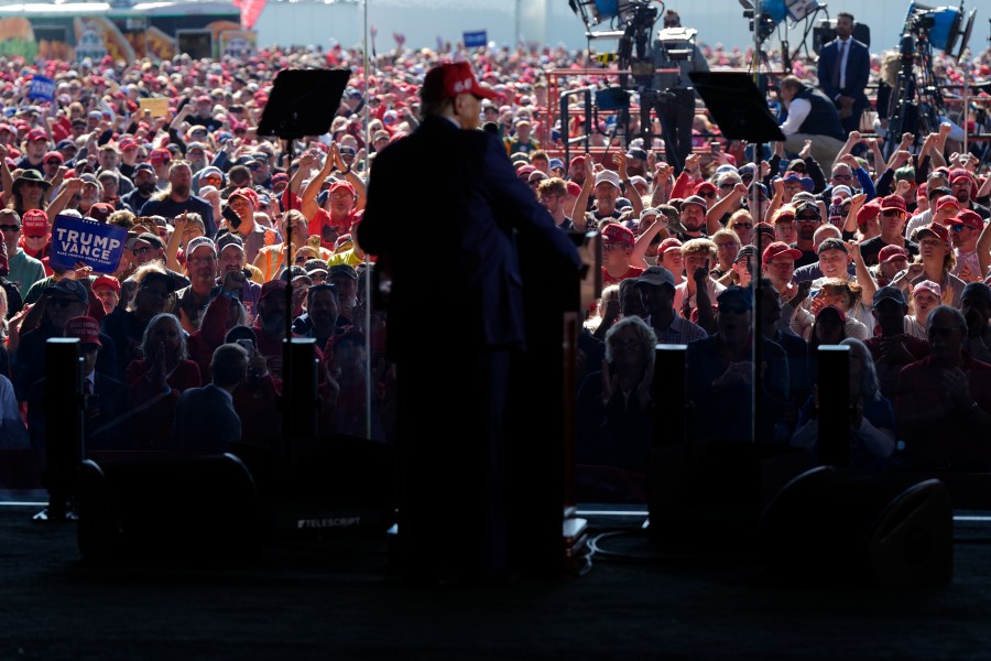 Republican presidential nominee former President Donald Trump speaks during a campaign rally at Dodge County Airport, Sunday, Oct. 6, 2024, in Juneau, Wis. (AP Photo/Julia Demaree Nikhinson)