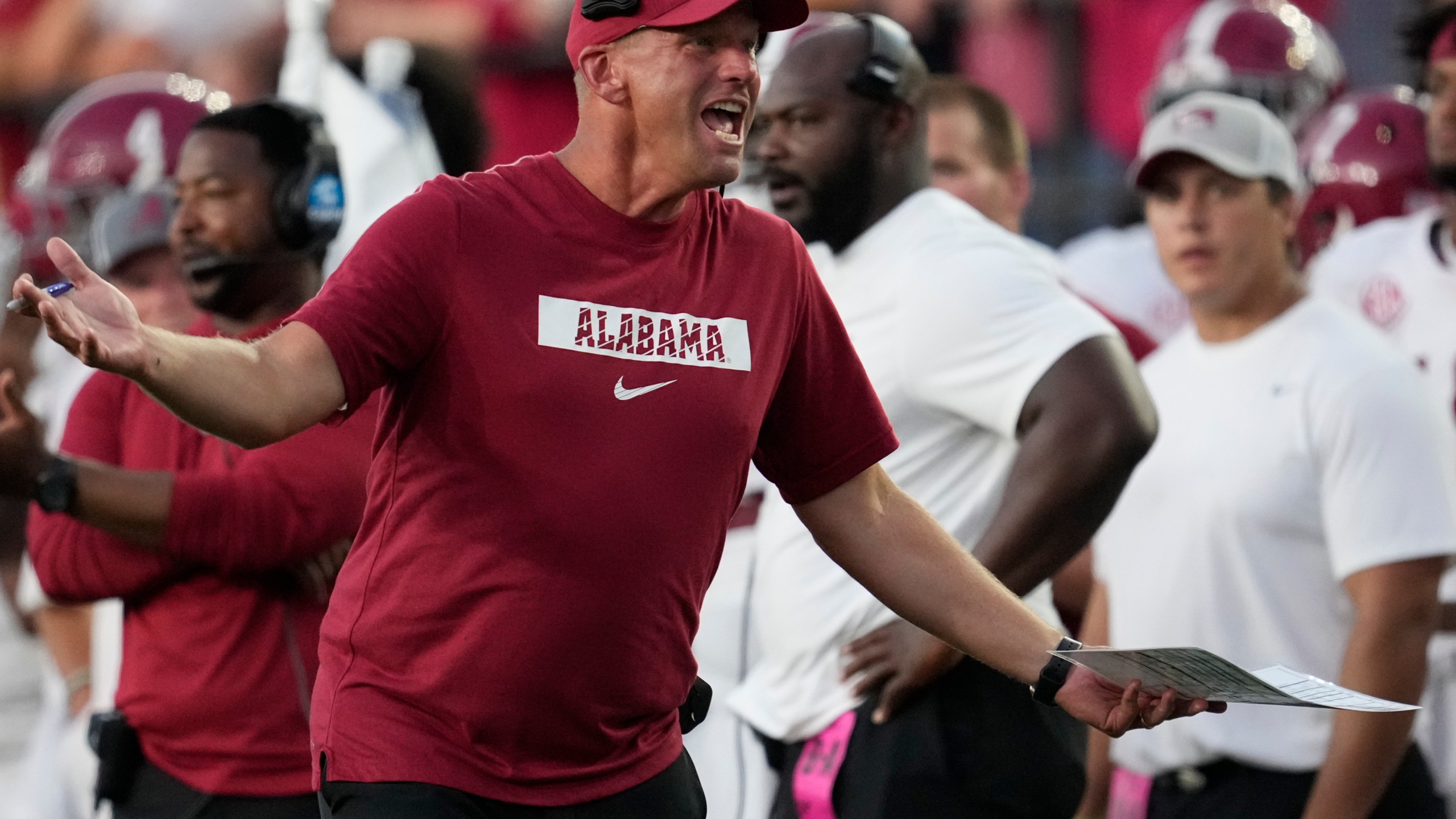 Alabama head coach Kalen DeBoer yells to an official during the second half of an NCAA college football game against Vanderbilt, Saturday, Oct. 5, 2024, in Nashville, Tenn. (AP Photo/George Walker IV)