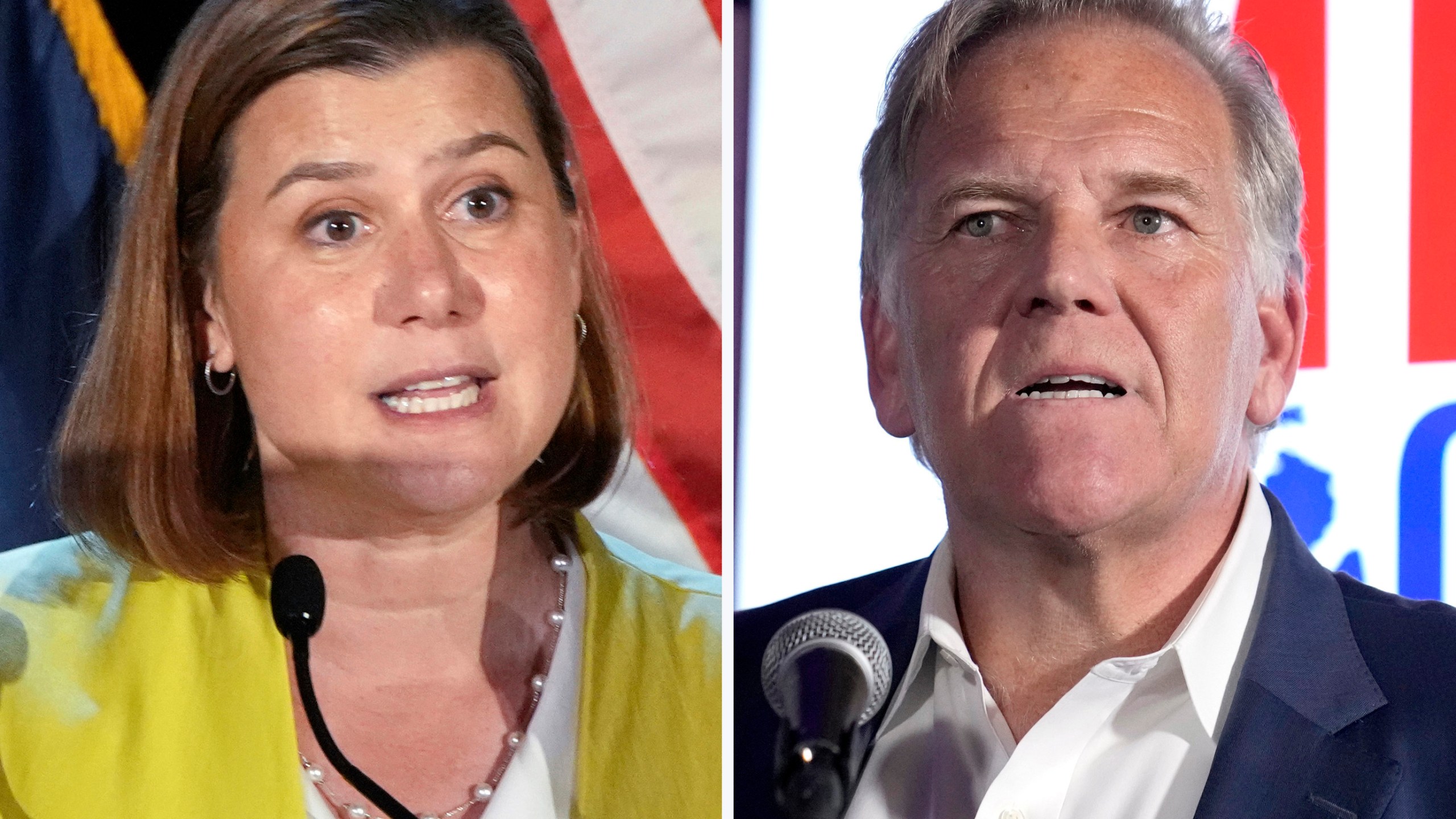 This combination photo of Michigan Senate candidates shows Rep. Elissa Slotkin, D-Mich., in Detroit, Aug. 6, 2024, left, and former Rep. Mike Rogers, R-Mich., Aug. 6, 2024, in Lake Orion, Mich. (AP Photo)