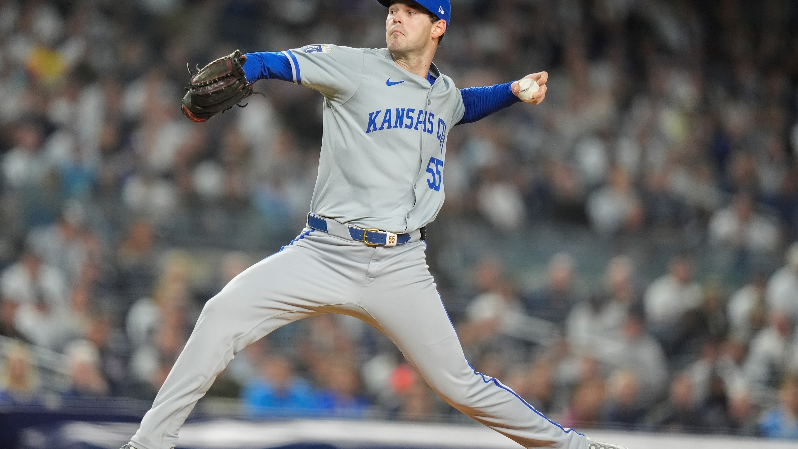 Kansas City Royals pitcher Cole Ragans delivers against the New York Yankees during the first inning of Game 2 of the American League baseball playoff series, Monday, Oct. 7, 2024, in New York. (AP Photo/Frank Franklin II)