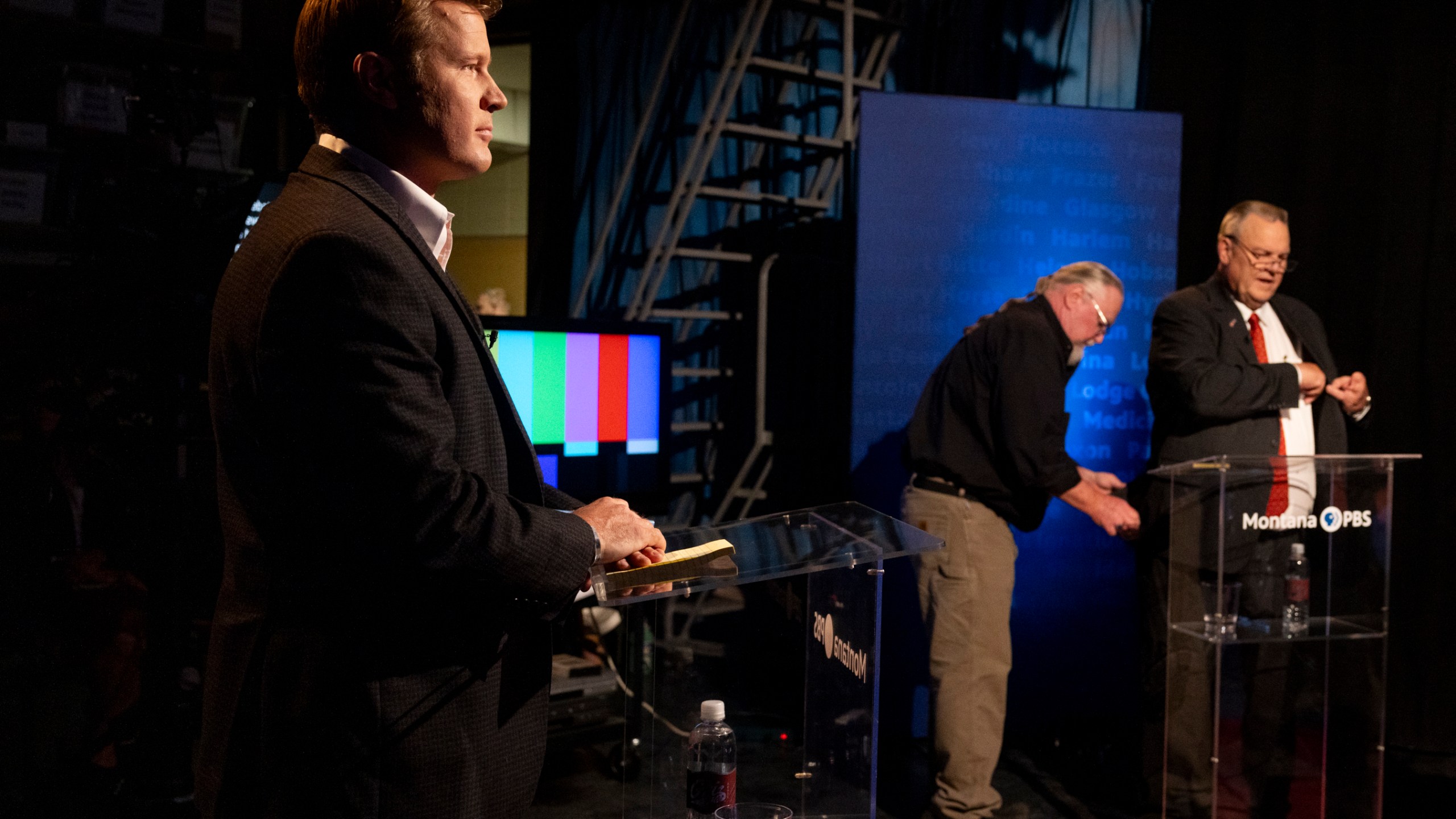 FILE - Tim Sheehy, left, prepares to debate U.S. Sen. Jon Tester, right, on campus at the University of Montana in Missoula, Mont., Sept. 30, 2024. (Ben Allan Smith/The Missoulian via AP, file)