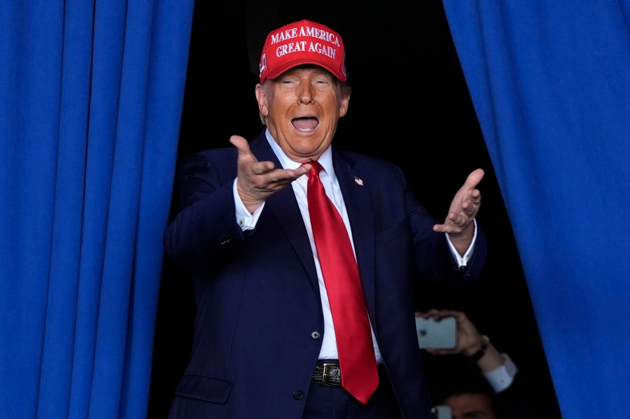 FILE - Republican presidential nominee former President Donald Trump arrives to speak during a campaign rally at Dodge County Airport, Sunday, Oct. 6, 2024, in Juneau, Wis. (AP Photo/Julia Demaree Nikhinson, File)