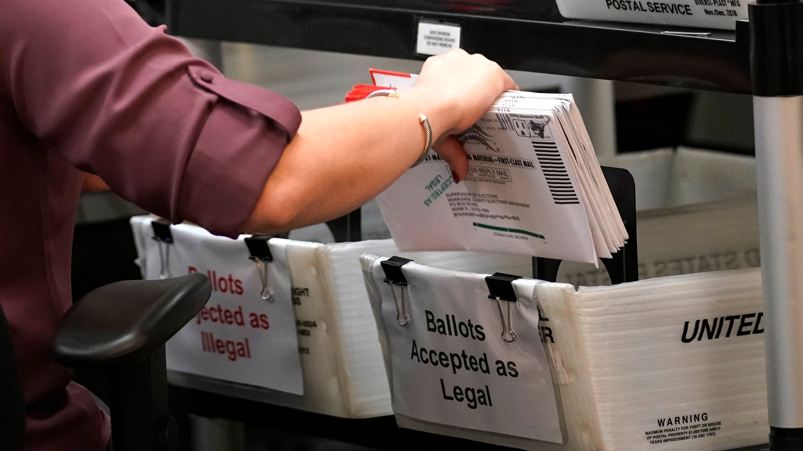 FILE - An election worker sorts vote-by-mail ballots at the Miami-Dade County Board of Elections, Monday, Oct. 26, 2020, in Doral, Fla. (AP Photo/Lynne Sladky, File)