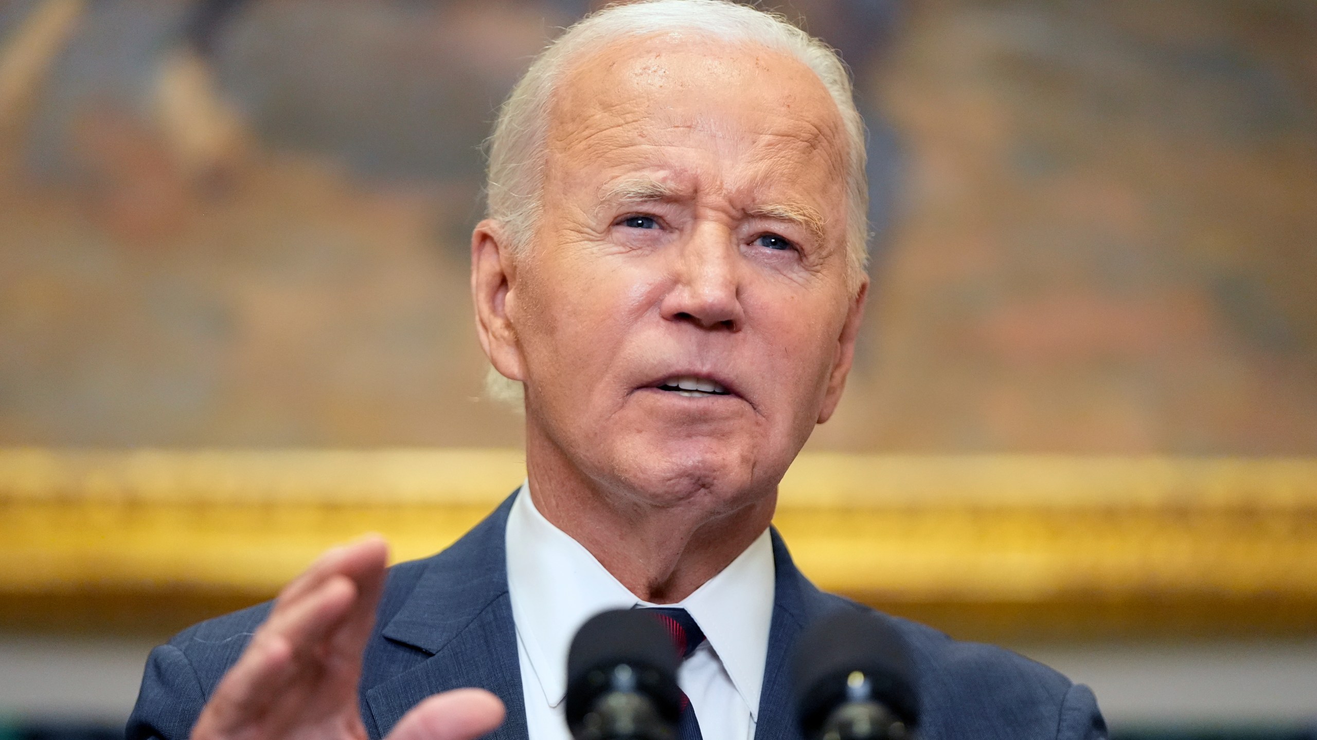 President Joe Biden speaks about Hurricane Milton from the Roosevelt Room at the White House in Washington, Wednesday, Oct. 9, 2024. (AP Photo/Mark Schiefelbein)